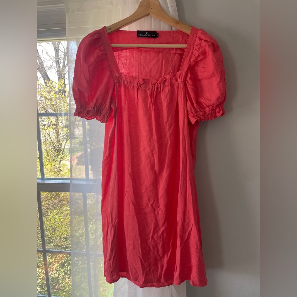 Pomander Place Darcy Linen Blend Dress Puff Sleeve Coral Pink Size A